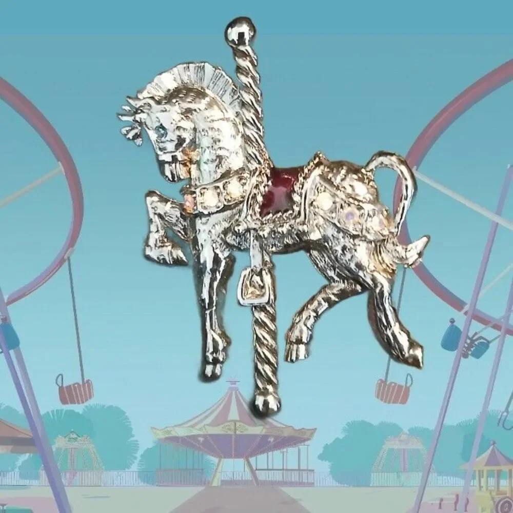 Vintage Silver Carousel Horse Red Enamel Brooch Pin